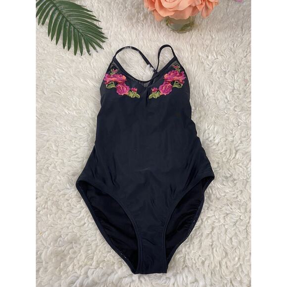 Xhilaration Womens Black Floral Embroidered V-neck Swimsuit Size XS Strappy Back - Picture 1 of 8